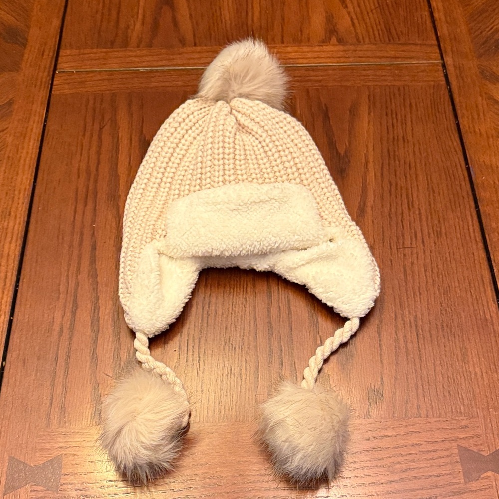 Source Unknown Beige Knit Kids Hat with Pom-Poms
